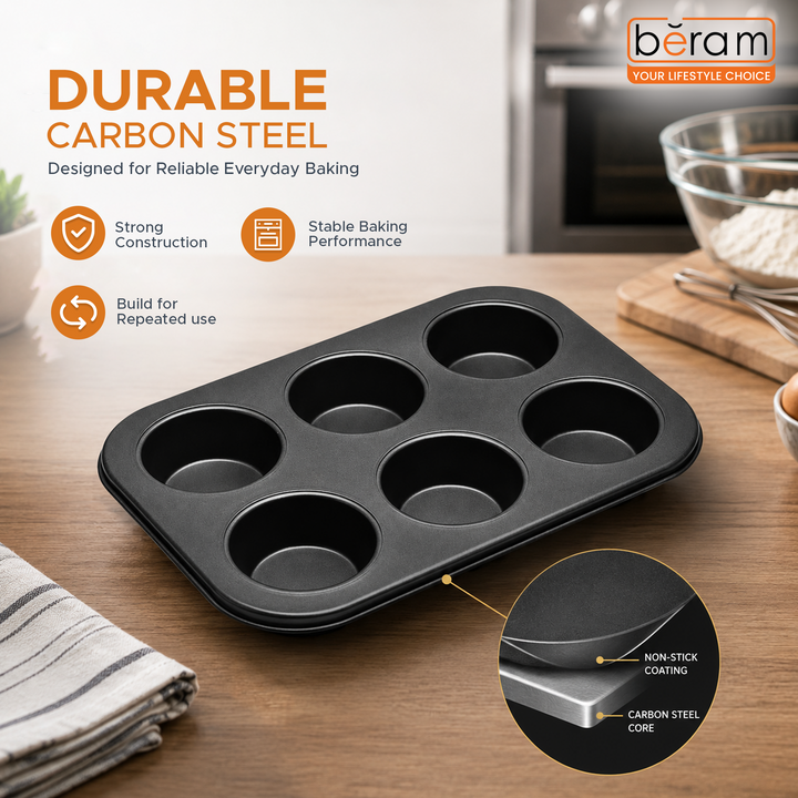 Beram 6 Cupcake Tray Non Stick Carbon Steel Muffin Pan Durable Oven Safe Bakeware Baking Tray for Cupcakes Muffins Brownies Cookies Pastry Tarts Desserts BPA Free Kitchen Baking Pan