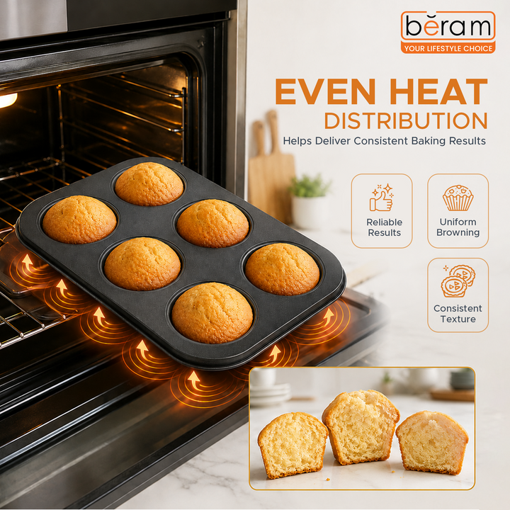Beram 6 Cupcake Tray Non Stick Carbon Steel Muffin Pan Durable Oven Safe Bakeware Baking Tray for Cupcakes Muffins Brownies Cookies Pastry Tarts Desserts BPA Free Kitchen Baking Pan