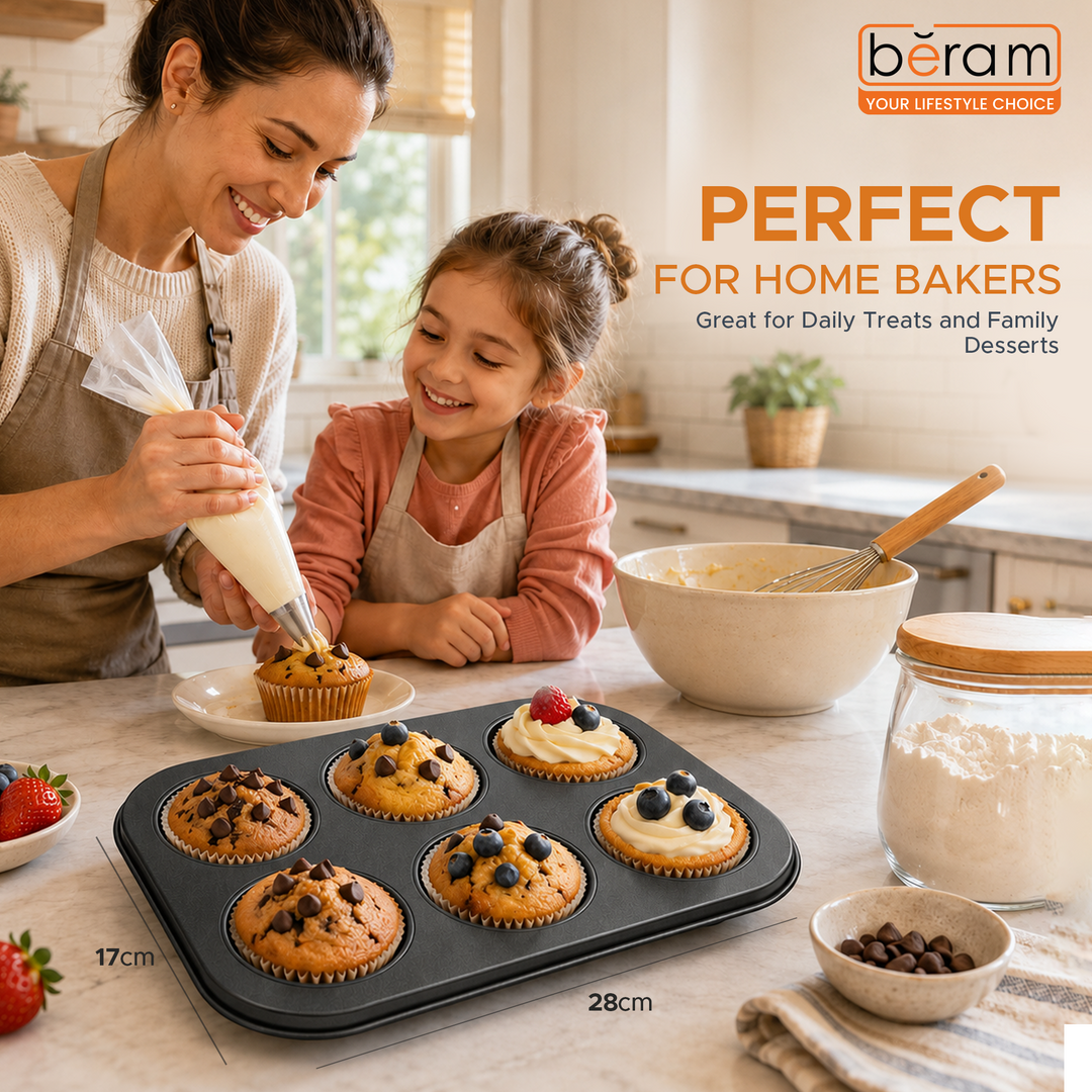 Beram 6 Cupcake Tray Non Stick Carbon Steel Muffin Pan Durable Oven Safe Bakeware Baking Tray for Cupcakes Muffins Brownies Cookies Pastry Tarts Desserts BPA Free Kitchen Baking Pan