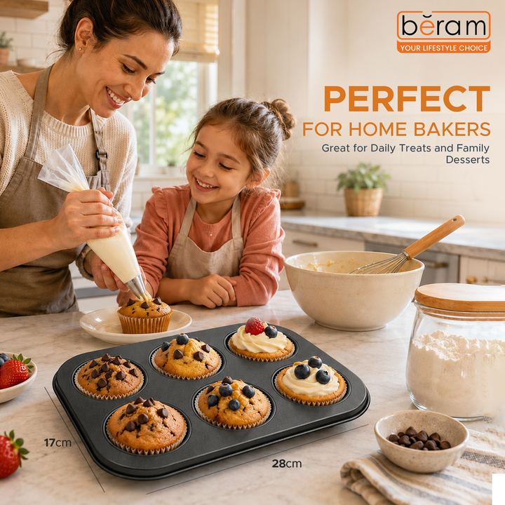 Beram 6 Cupcake Tray Non Stick Carbon Steel Muffin Pan Durable Oven Safe Bakeware Baking Tray for Cupcakes Muffins Brownies Cookies Pastry Tarts Desserts BPA Free Kitchen Baking Pan