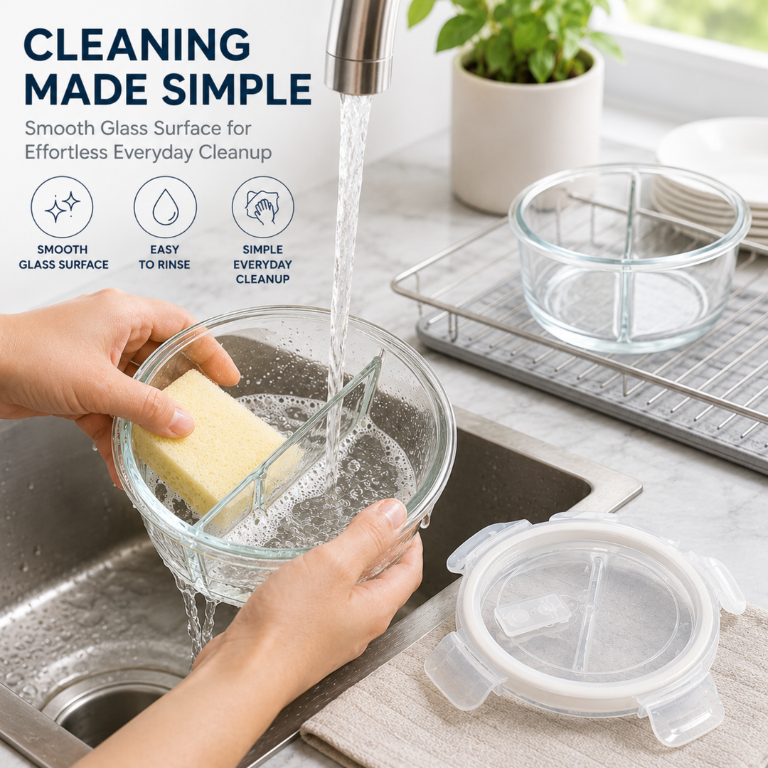 Glass Food Storage Container with Airtight Locking Lid Round 3 Compartment 850ml High Borosilicate Leakproof Meal Prep Lunch Box, Microwave Freezer Refrigerator Safe Glass Container for Food Storage