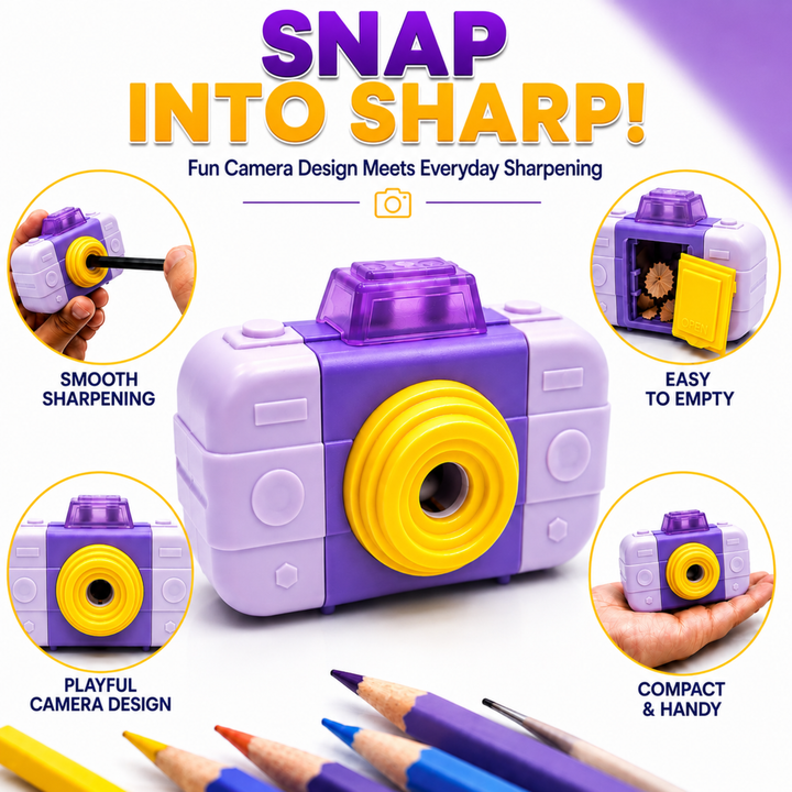 Camera Pencil Sharpener with Eraser, 2-in-1 Camera-Shaped Pencil Sharpener and Eraser, Cute Stationery Sharpener for School, Office, Study, Drawing and Everyday Use