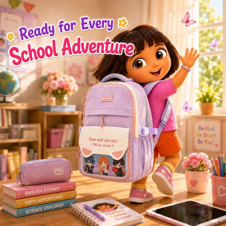 Mimi Meow School Backpack, Cute Cat Water-Resistant Student Backpack with Front Pocket, Lightweight Large Capacity School Bag with Side Bottle Pockets for School & Travel