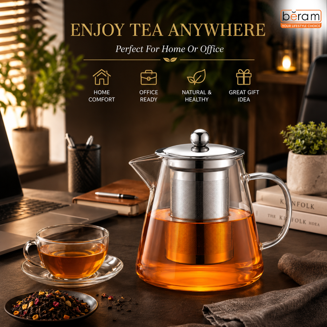 BERAM Glass Teapot with Removable 18/8 Stainless Steel Infuser – 450ml Flat Base Borosilicate Glass Tea Kettle, Stovetop Safe, Handcrafted Loose Leaf Tea Maker for Home or Office