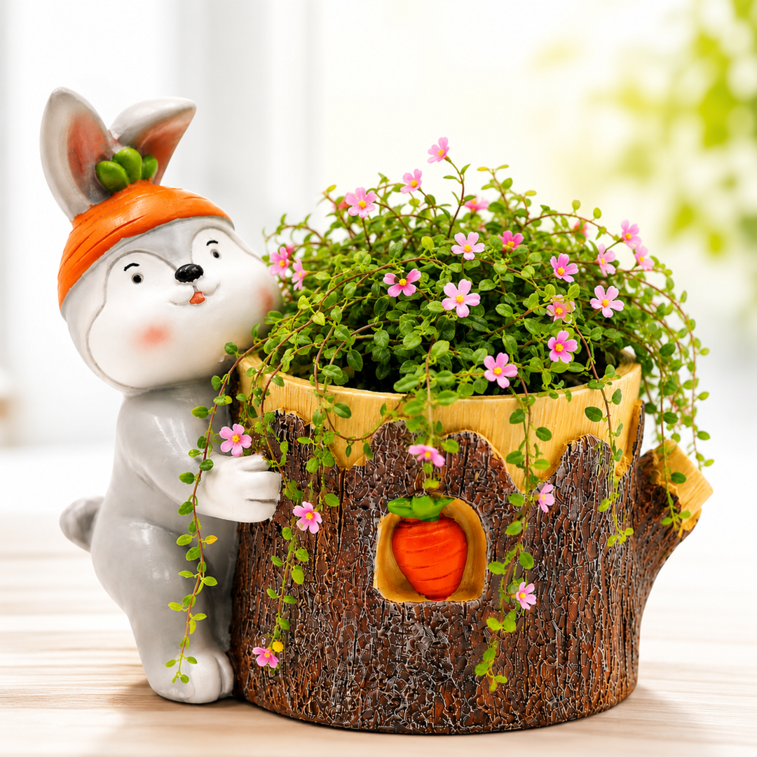 Animal Fruit Harvest Flower Pot Bunny Carrot and Bear Honey Bee Set Polyresin Cute Animal Succulent Planters Decorative Tree Trunk and Honey Pot Vase Desk Flower Pot Pen Pencil Holder Propagator Kit Indoor Outdoor Home Garden Decor