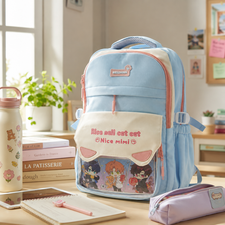 Mimi Meow School Backpack, Cute Cat Water-Resistant Student Backpack with Front Pocket, Lightweight Large Capacity School Bag with Side Bottle Pockets for School & Travel