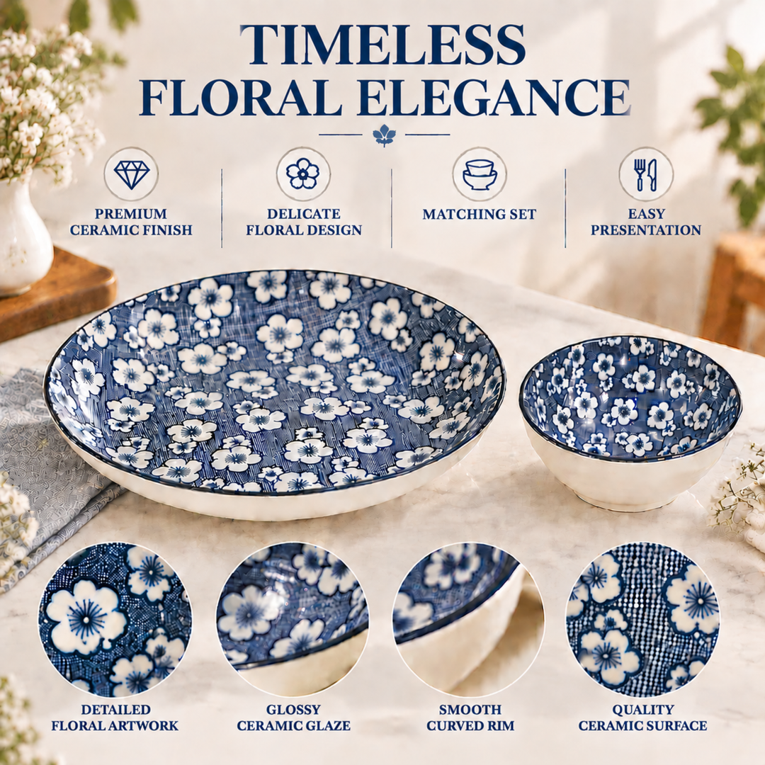 5-Piece Blue & White Ceramic Serving Bowl Set with Large Plate, Floral Pattern, 4 Individual Bowls for Snacks, Desserts, Salads & Side Dishes