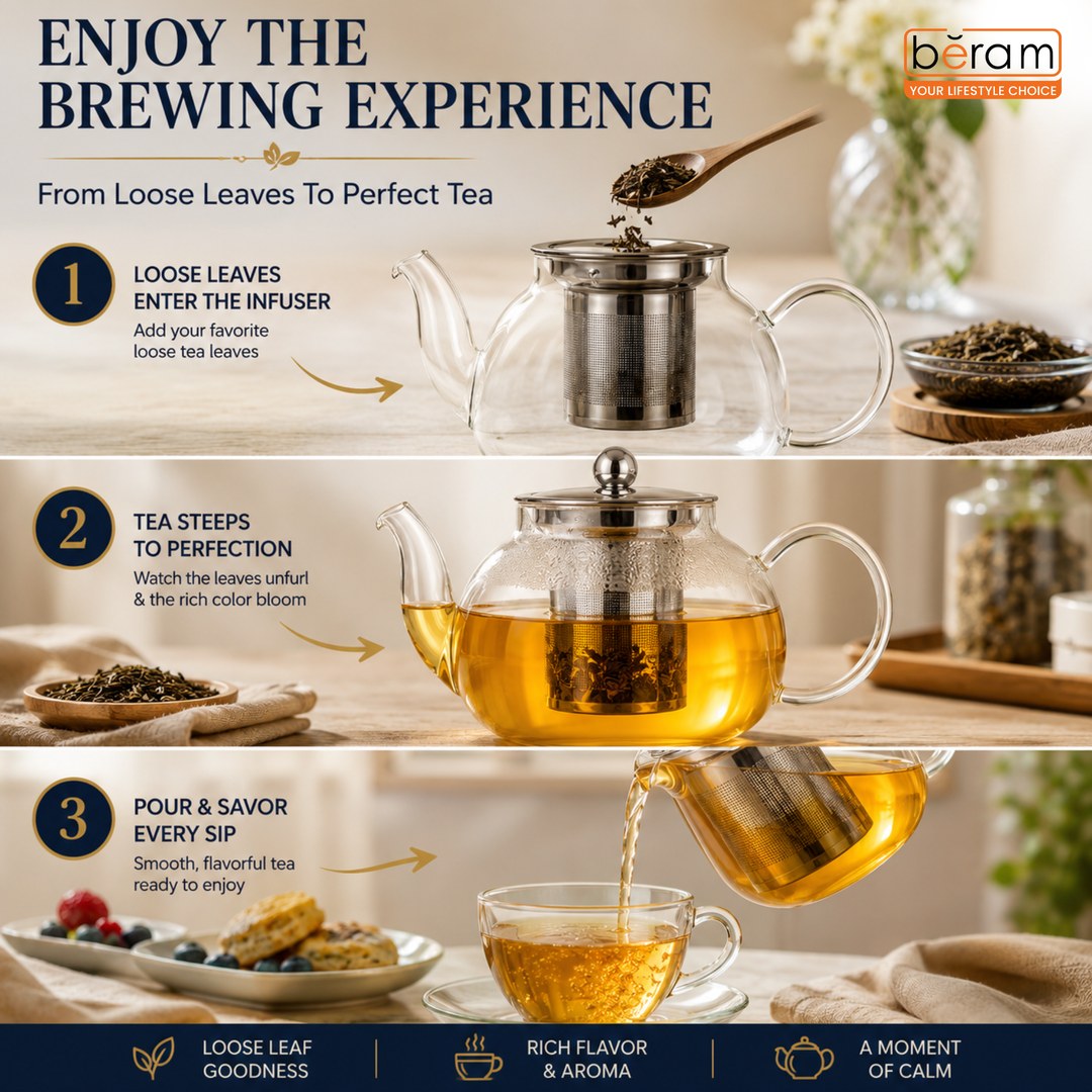 BERAM Glass Teapot with Infuser – 600ml Borosilicate Clear Tea Kettle with Removable 18/8 Stainless Steel Infuser, Stovetop Safe, Handcrafted Loose Leaf Tea Maker for Home or Office