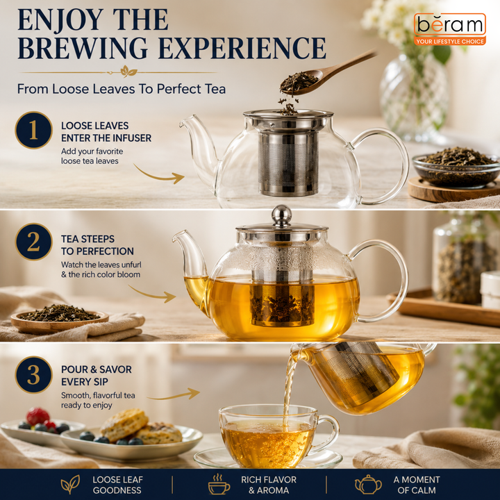 BERAM Glass Teapot with Infuser – 600ml Borosilicate Clear Tea Kettle with Removable 18/8 Stainless Steel Infuser, Stovetop Safe, Handcrafted Loose Leaf Tea Maker for Home or Office