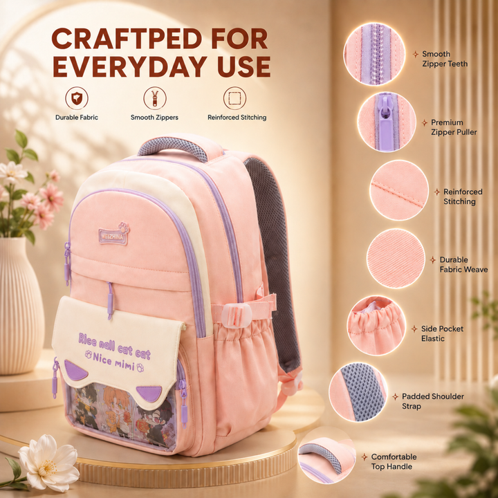 Mimi Meow School Backpack, Cute Cat Water-Resistant Student Backpack with Front Pocket, Lightweight Large Capacity School Bag with Side Bottle Pockets for School & Travel