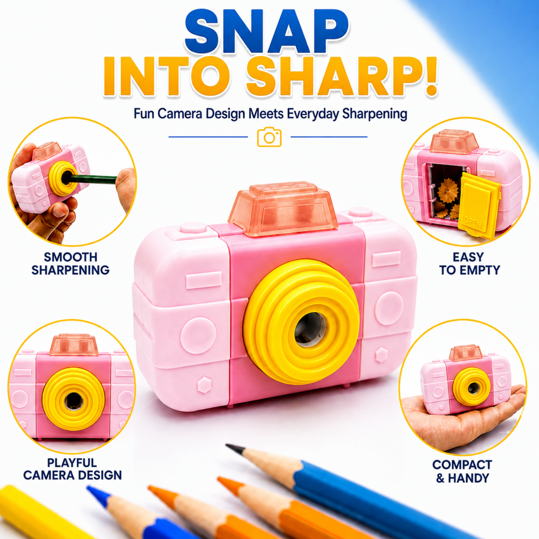 Camera Pencil Sharpener with Eraser, 2-in-1 Camera-Shaped Pencil Sharpener and Eraser, Cute Stationery Sharpener for School, Office, Study, Drawing and Everyday Use