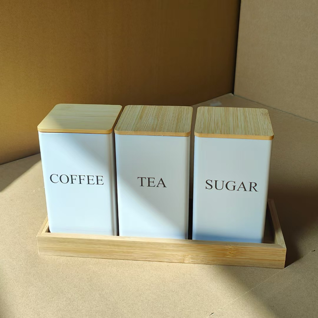 BERAM Metal Tea Coffee Sugar Container Set with Bamboo Lid Airtight Kitchen Storage Jars for Home and Kitchen Tea Box and Coffee Beans Container Set Modern Home Improvement Canisters