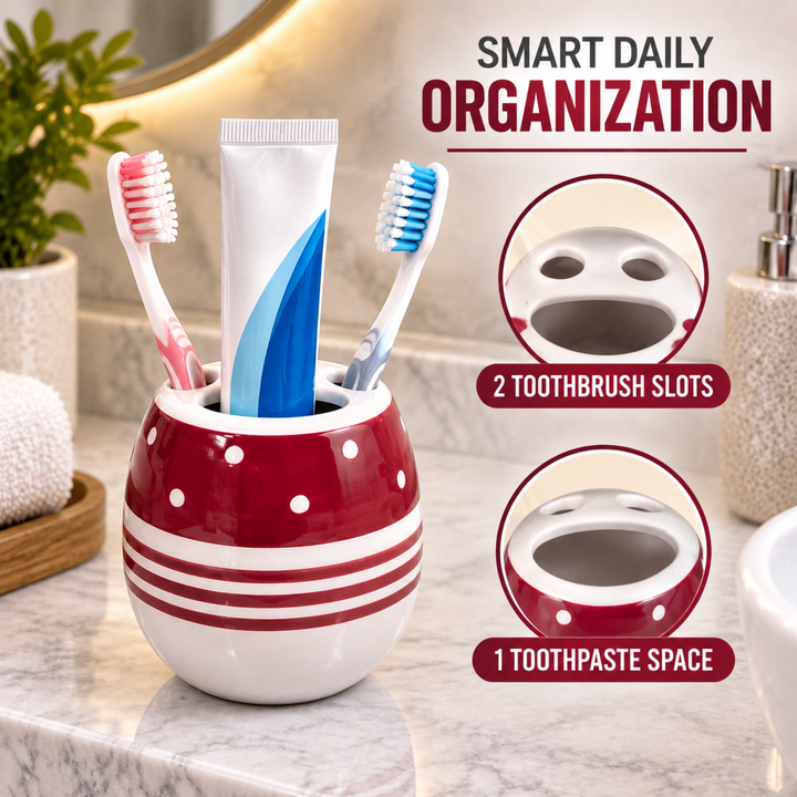 4-Piece Red & White Ceramic Bathroom Accessory Set with Soap Dispenser, Toothbrush Holder, Tumbler & Soap Dish, Polka Dot & Striped Design