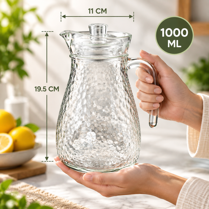 7 Piece Glass Drink Set with Pitcher and 6 Glasses, 11 OZ Drinking Tumblers, Clear Textured Glass Water Juice Beverage Serving Set with Lid, Dishwasher Safe for Home Dining Parties