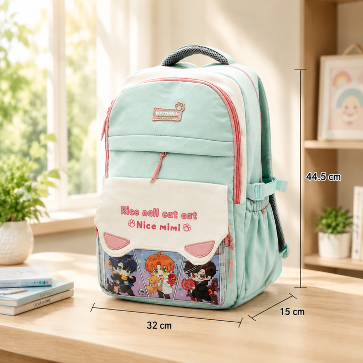 Mimi Meow School Backpack, Cute Cat Water-Resistant Student Backpack with Front Pocket, Lightweight Large Capacity School Bag with Side Bottle Pockets for School & Travel