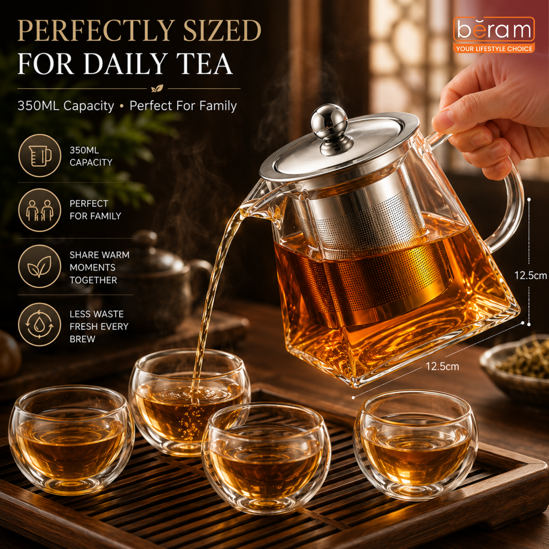 BERAM Glass Teapot with Removable 18/8 Stainless Steel Infuser – 350ml Square Base Borosilicate Glass Tea Kettle, Stovetop Safe, Handcrafted Loose Leaf Tea Maker for Home or Office