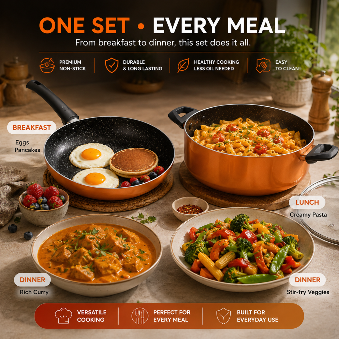 3-Piece Ultra Pressed Aluminium Non-Stick Induction Bottom Cookware Set – 28cm Fry Pan & 26cm Casserole with Lid, Rust Orange Finish, Even Heat Distribution