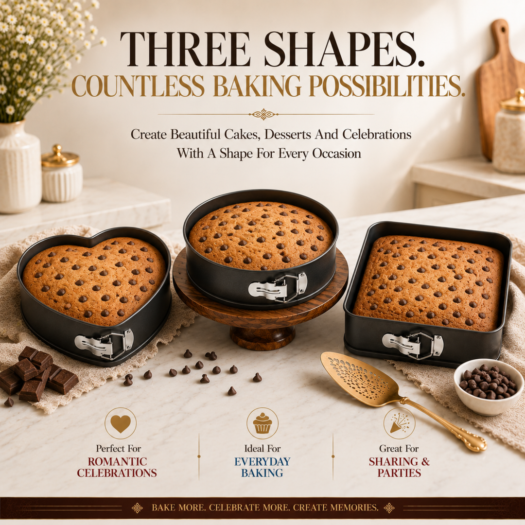3 Piece Springform Cake Pan Set, Non Stick Carbon Steel Baking Tins with Removable Bottom & Quick Release Latch, Round 26cm Square 28cm Heart 24cm Bakeware for Cheesecake Pizza Cake Baking