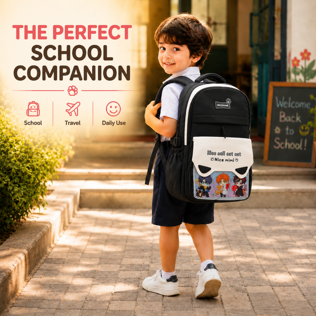 Mimi Meow School Backpack, Cute Cat Water-Resistant Student Backpack with Front Pocket, Lightweight Large Capacity School Bag with Side Bottle Pockets for School & Travel