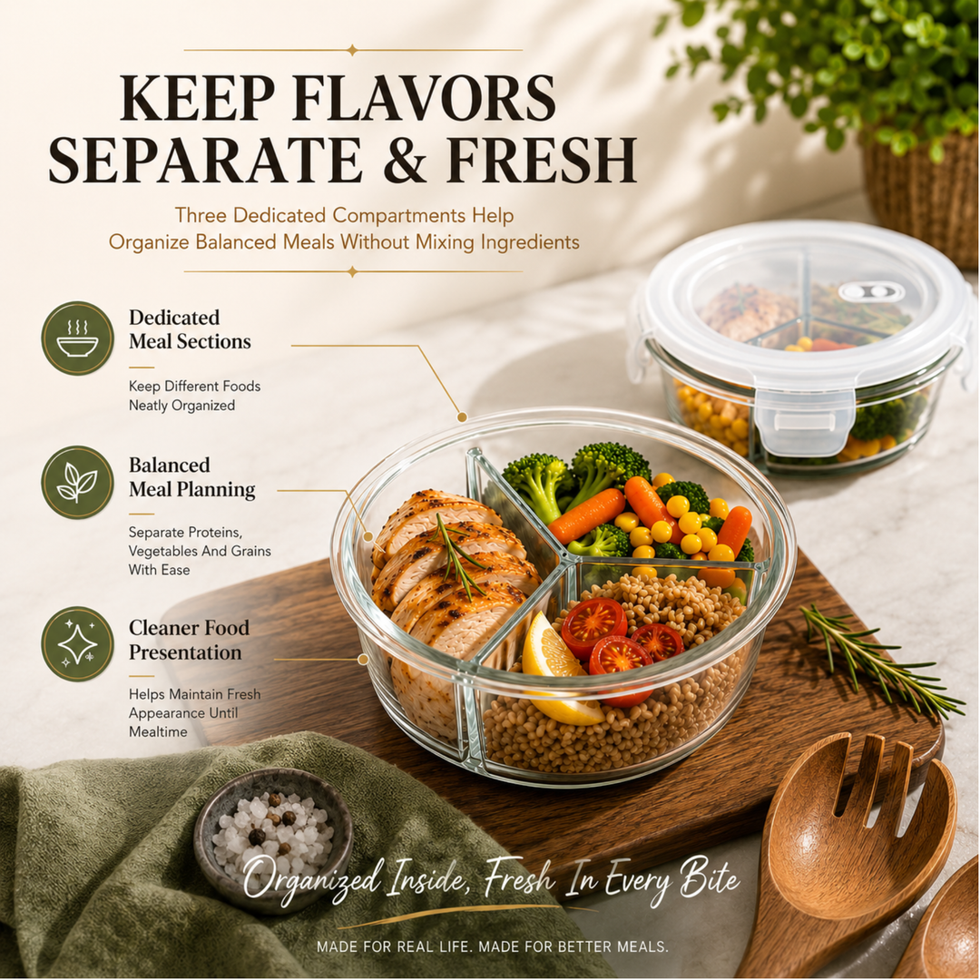 Glass Food Storage Container with Airtight Locking Lid Round 3 Compartment 850ml High Borosilicate Leakproof Meal Prep Lunch Box, Microwave Freezer Refrigerator Safe Glass Container for Food Storage
