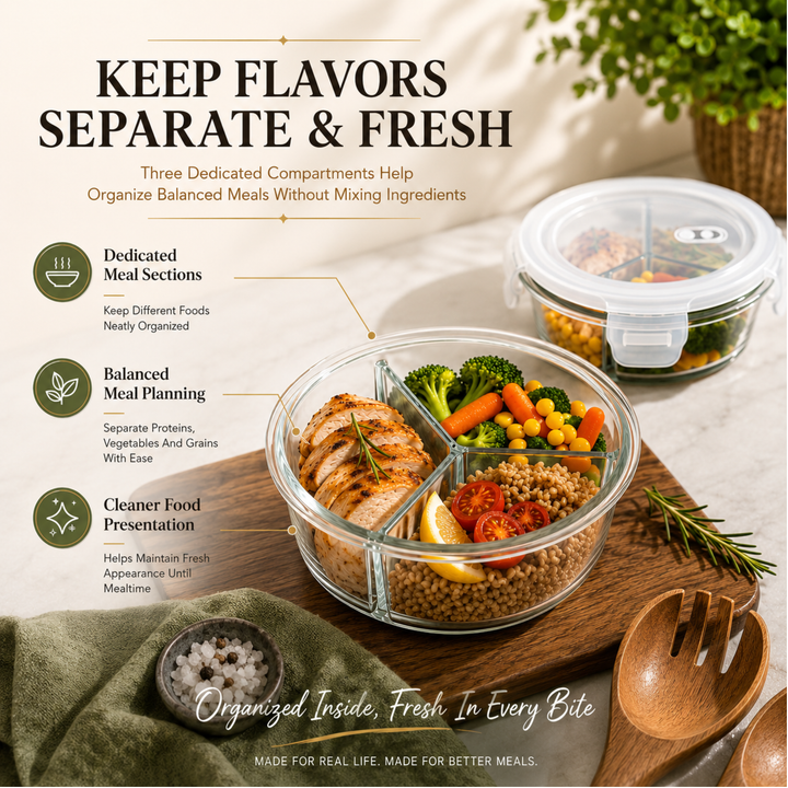 Glass Food Storage Container with Airtight Locking Lid Round 3 Compartment 850ml High Borosilicate Leakproof Meal Prep Lunch Box, Microwave Freezer Refrigerator Safe Glass Container for Food Storage