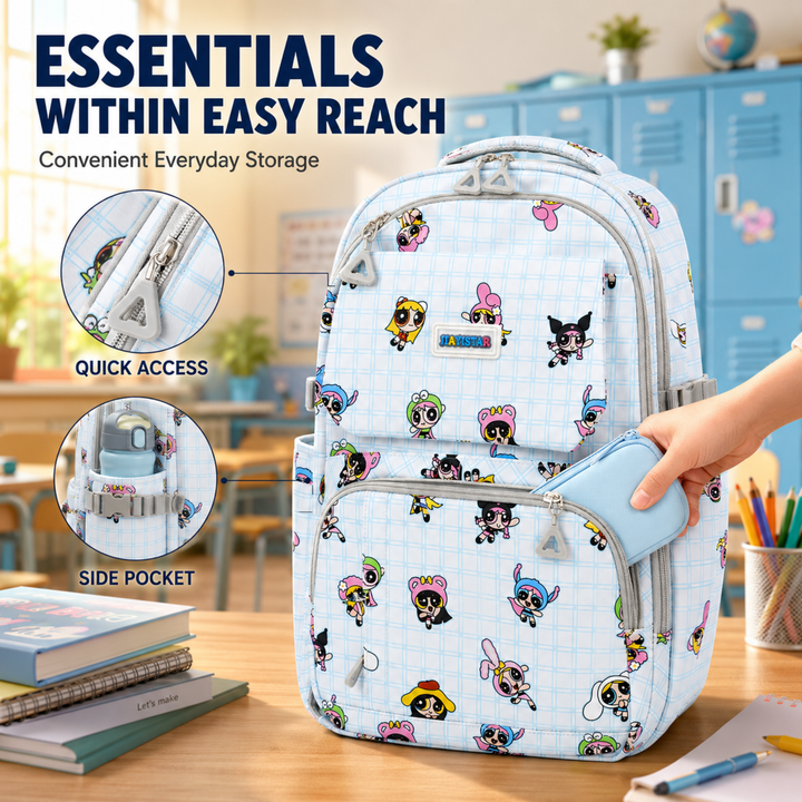 Powerpals School Bag, Lightweight Backpack with Multiple Compartments, Front Utility Pocket, Side Bottle Pockets & Adjustable Shoulder Straps