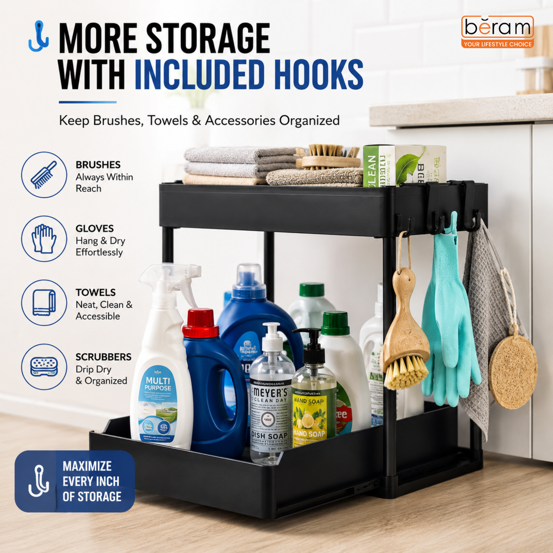 Beram Under Sink Organizer 2-Tier Sliding Cabinet Shelf Rack with Pull Out Drawer Hooks Double Layer Bathroom Kitchen Bedroom Countertop Storage Rack Space Saving Organizer Black
