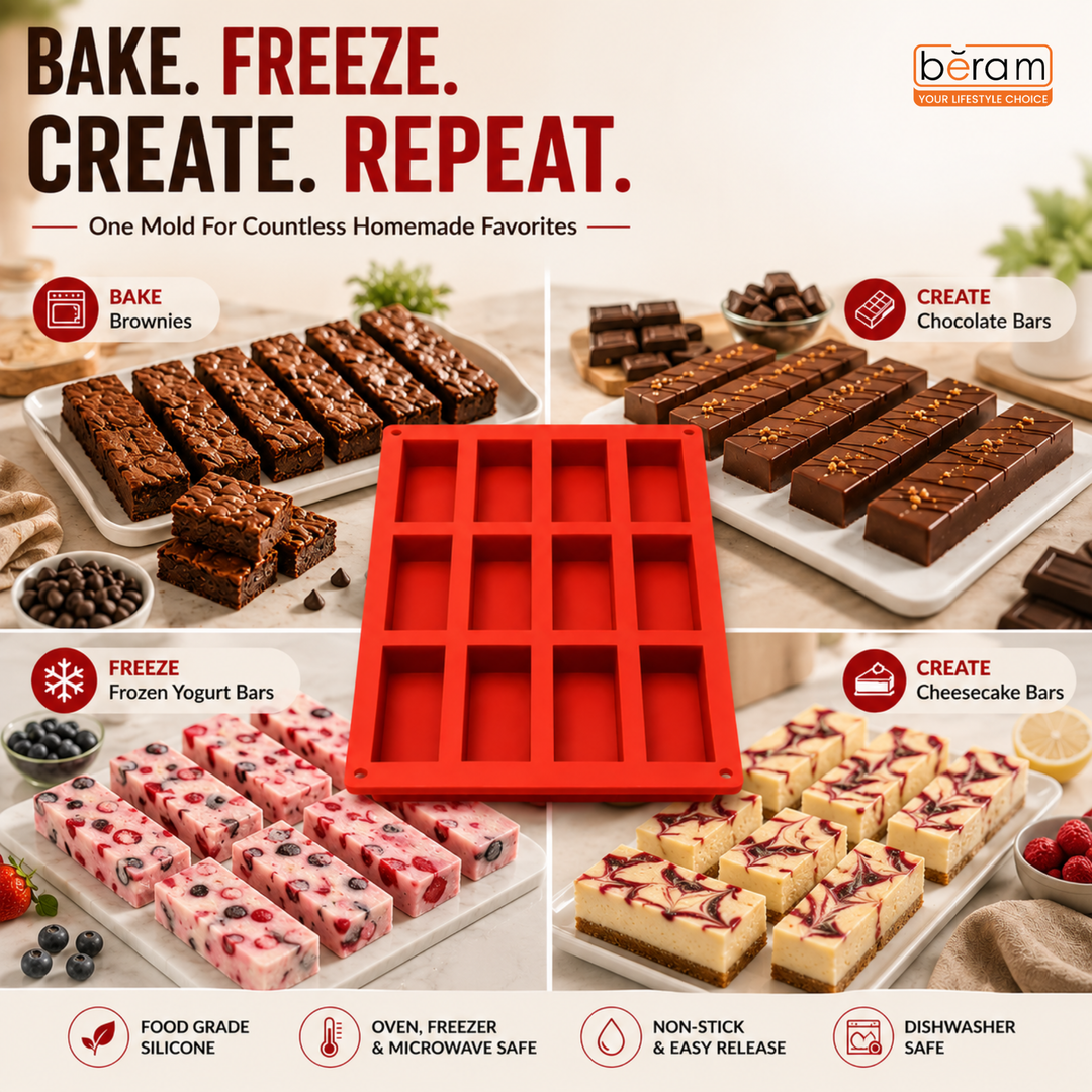 Beram Rectangle Silicone Mold Red, Non Stick, Flexible Bakeware Tray for Brownies, Cakes Bread Loaf Bars Pastries & Desserts Easy to Clean, Oven Microwave Dishwasher Safe – Heat Resistant up to 230°C