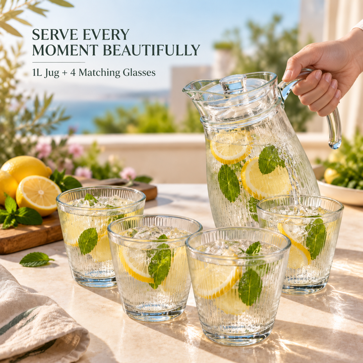 7 Piece Glass Drink Set with Pitcher and 6 Glasses, 11 OZ Drinking Tumblers, Clear Textured Glass Water Juice Beverage Serving Set with Lid, Dishwasher Safe for Home Dining Parties