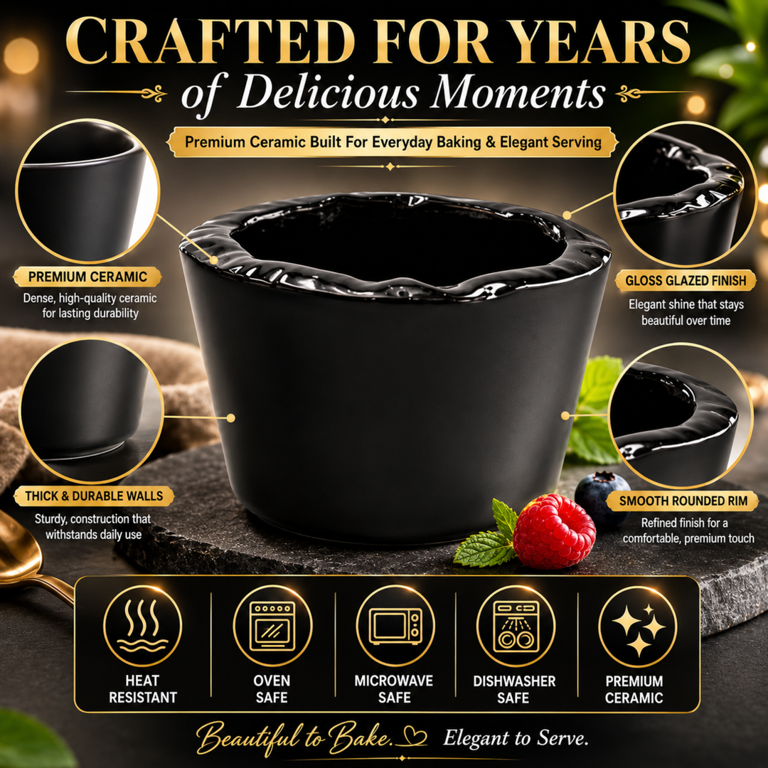 Beram Black Ceramic Soufflé Dish 250ml Ramekin Bowl for Crème Brûlée Custard Pudding & Desserts Oven Safe Microwave Safe Dishwasher Safe Heat Resistant Baking Cup  Soufflé Lava Cake Individual Serving