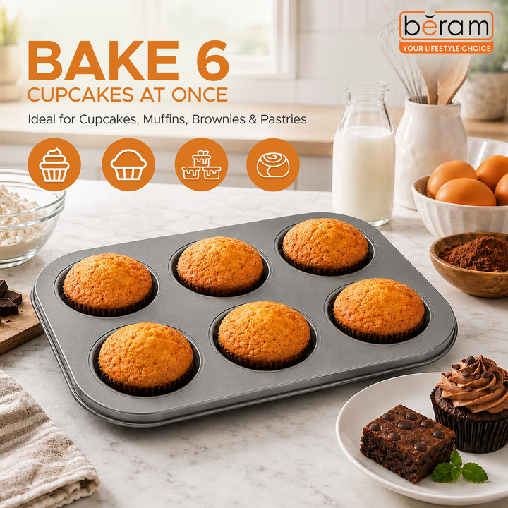 Beram 6 Cupcake Tray Non Stick Carbon Steel Muffin Pan Durable Oven Safe Bakeware Baking Tray for Cupcakes Muffins Brownies Cookies Pastry Tarts Desserts BPA Free Kitchen Baking Pan