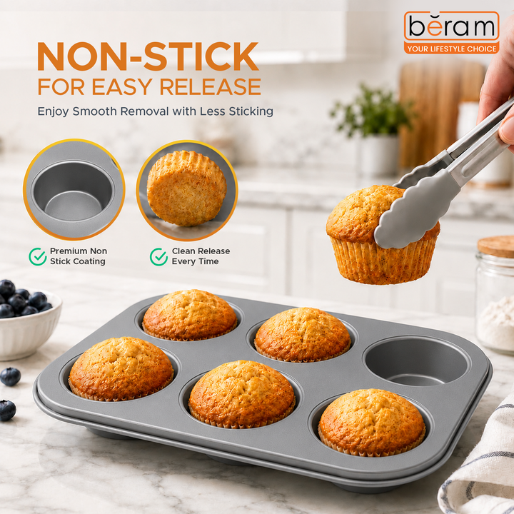 Beram 6 Cupcake Tray Non Stick Carbon Steel Muffin Pan Durable Oven Safe Bakeware Baking Tray for Cupcakes Muffins Brownies Cookies Pastry Tarts Desserts BPA Free Kitchen Baking Pan
