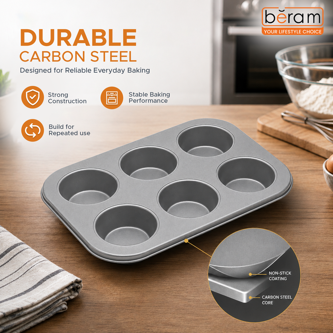 Beram 6 Cupcake Tray Non Stick Carbon Steel Muffin Pan Durable Oven Safe Bakeware Baking Tray for Cupcakes Muffins Brownies Cookies Pastry Tarts Desserts BPA Free Kitchen Baking Pan