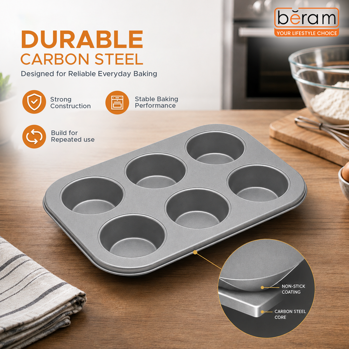 Beram 6 Cupcake Tray Non Stick Carbon Steel Muffin Pan Durable Oven Safe Bakeware Baking Tray for Cupcakes Muffins Brownies Cookies Pastry Tarts Desserts BPA Free Kitchen Baking Pan