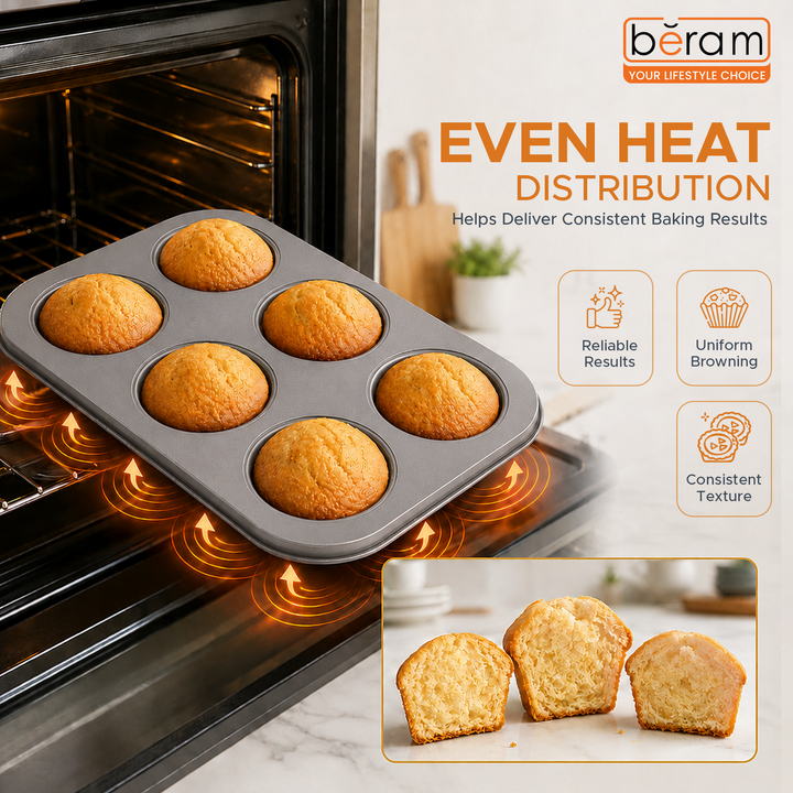 Beram 6 Cupcake Tray Non Stick Carbon Steel Muffin Pan Durable Oven Safe Bakeware Baking Tray for Cupcakes Muffins Brownies Cookies Pastry Tarts Desserts BPA Free Kitchen Baking Pan