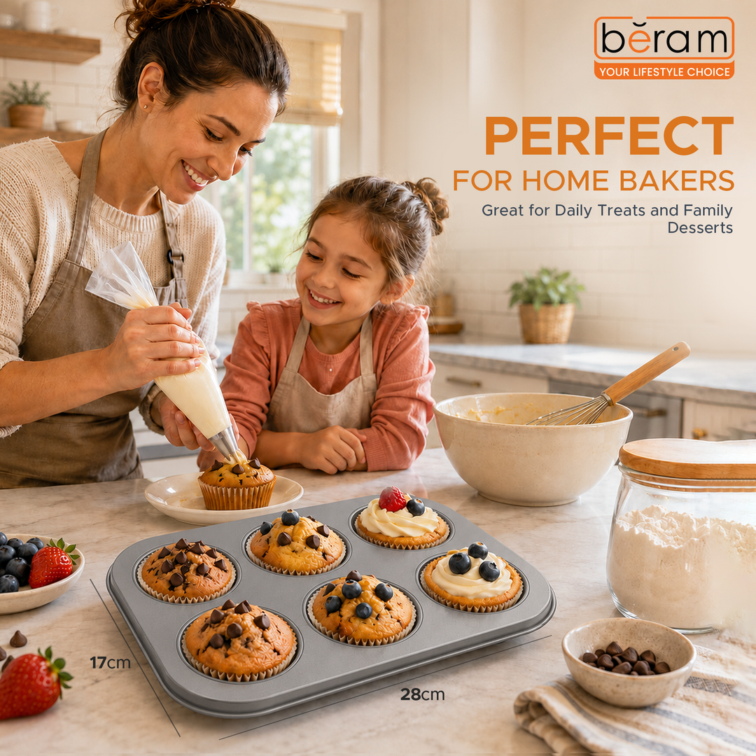 Beram 6 Cupcake Tray Non Stick Carbon Steel Muffin Pan Durable Oven Safe Bakeware Baking Tray for Cupcakes Muffins Brownies Cookies Pastry Tarts Desserts BPA Free Kitchen Baking Pan