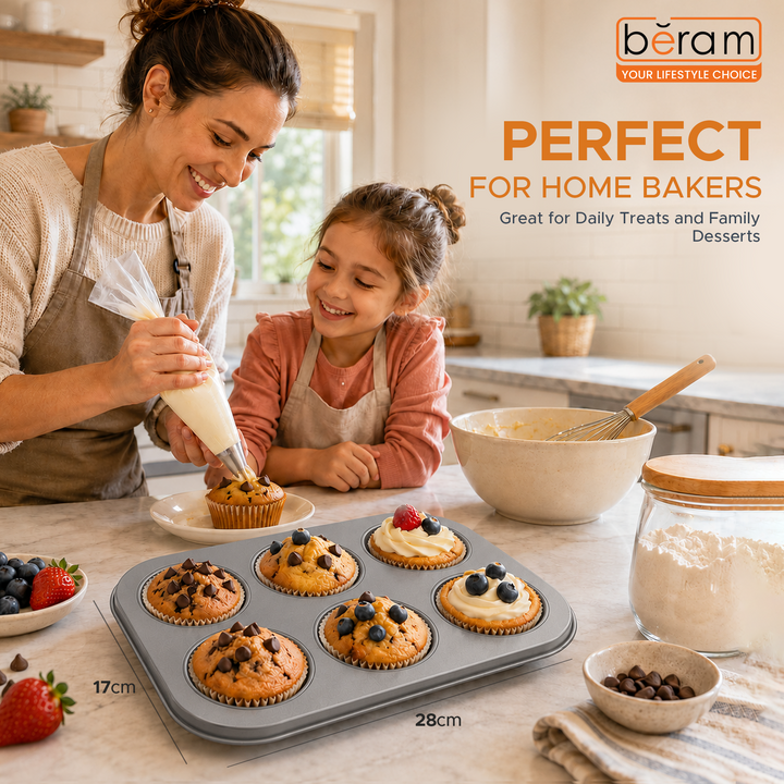 Beram 6 Cupcake Tray Non Stick Carbon Steel Muffin Pan Durable Oven Safe Bakeware Baking Tray for Cupcakes Muffins Brownies Cookies Pastry Tarts Desserts BPA Free Kitchen Baking Pan