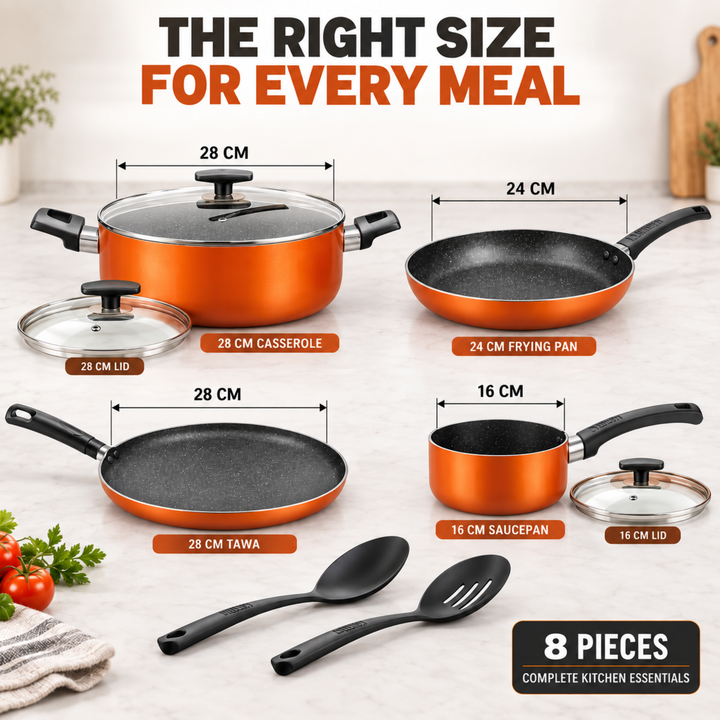 BERGNER ULTRA 8PCS COOKWARE SET, PRESSED ALUMINUM COOKING SET, INDUCTION BOTTOM COOKWARE, MARBLE+ NON-STICK COATING COOKING POTS, SUITABLE FOR ALL STOVES, METALIC ORANGE COLOR