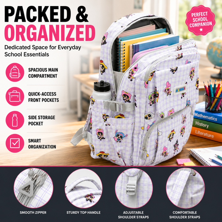 Powerpals School Bag, Lightweight Backpack with Multiple Compartments, Front Utility Pocket, Side Bottle Pockets & Adjustable Shoulder Straps
