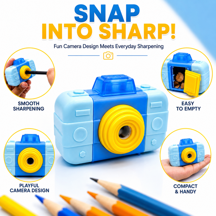 Camera Pencil Sharpener with Eraser, 2-in-1 Camera-Shaped Pencil Sharpener and Eraser, Cute Stationery Sharpener for School, Office, Study, Drawing and Everyday Use