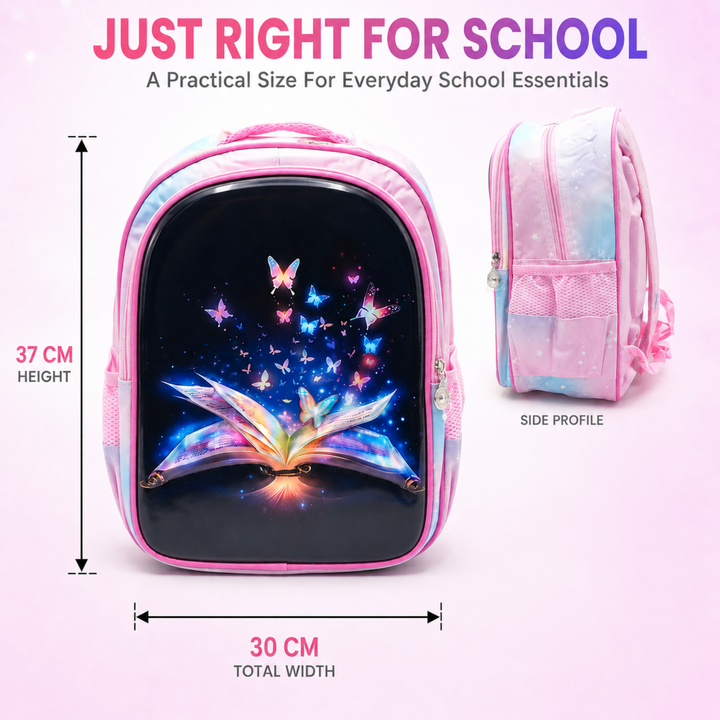3D-Effect Printed School Backpack – Spacious Multi-Compartment School Bag with Front Zipper Pocket, 2 Side Bottle Pockets, Top Handle, Lightweight Design & Stylish Front Graphic