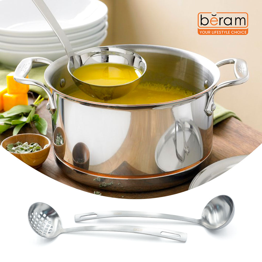 Beram Stainless Steel 2-Piece Cooking Utensils – 6cm Skimmer and Soup Ladle with Ergonomic Handles Mirror Finish Rust-Resistant Lightweight Hanging Hole for Storage Cooking Tools for Everyday Use