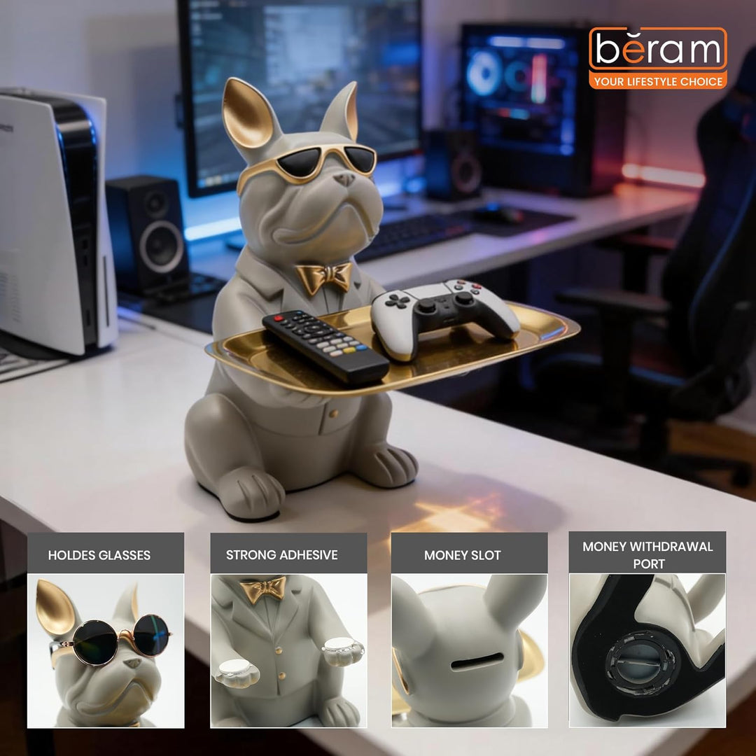 BERAM Bulldog Butler Statue with Tray Modern Resin Bulldog Figurine with Sunglasses Decorative Storage Holder for Keys Coins Jewelry Home Décor Stylish Desk and Entryway Organizer