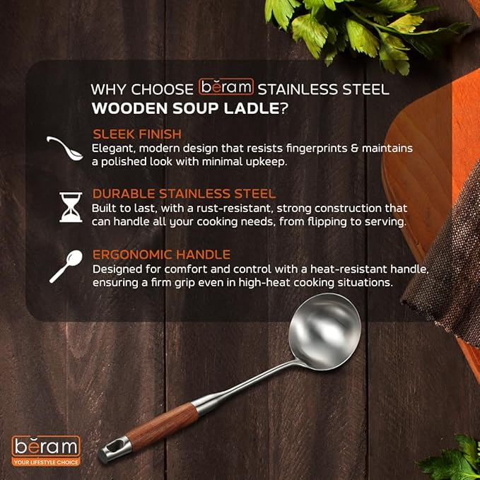 BERAM Soup Ladle Stainless Steel Soup Spoon Kitchen Tool with Wooden Handles Cooking Utensil Serving Spoon Food Grade Non-Deformable Compact Silver