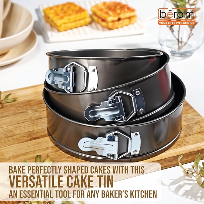 Beram Non Stick Cake Tin Black Round Carbon Steel Baking Pan with Quick Release Latch Removable Leakproof Bottom Heavy Duty Springform Cake Mould for Cheesecake Pastries and Layered Cakes