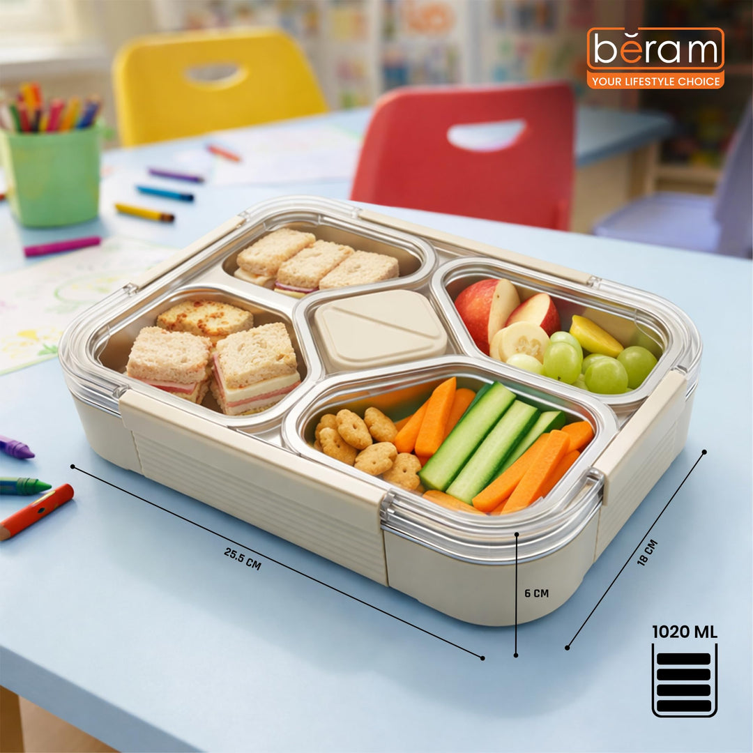 Beram 4-Compartment Premium Stainless Steel Lunch Box 1020ml Insulated Bento Box for Kids & Adults Leakproof BPA-Free Dishwasher Safe with Tableware SUS 304+PP+Silicon