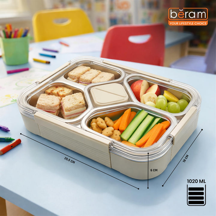 Beram 4-Compartment Premium Stainless Steel Lunch Box 1020ml Insulated Bento Box for Kids & Adults Leakproof BPA-Free Dishwasher Safe with Tableware SUS 304+PP+Silicon