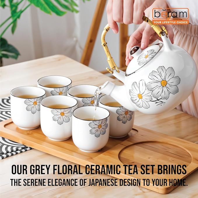 BERAM Porcelain Tea Sets, 5 Pieces Set with Unique Handles, Japanese Inspired Teapot and Cups Set, Scratch Resistant Decorative Tea Set with Gift Packaging, Tea Party Set  Grey