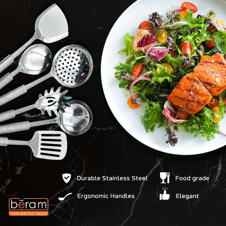 BERAM Stainless Steel Cooking Utensils Set 6 Pieces Four Leaf Design Handles Spatula Turner Rice Scoop Pasta Server Skimmer Soup Ladle Kitchen Tools for Daily Use