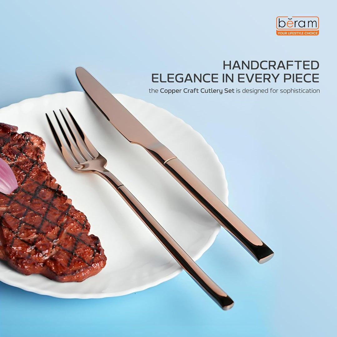 BERAM Copper Craft Cutlery Set 18/10 Stainless Steel Flatware Elegant Copper Finish Tableware for Home, Restaurants & Hotels Premium Dining Utensils for One Setting